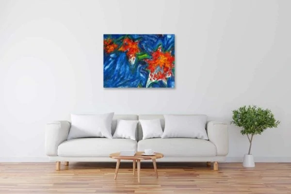 Modernes Acryl Gemälde rote Blumen mit Blau wandbilder